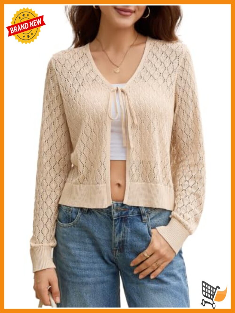 Lightweight Crochet Cardigan Tie Front Shrug Long Sleeve Cropped Sweater Top